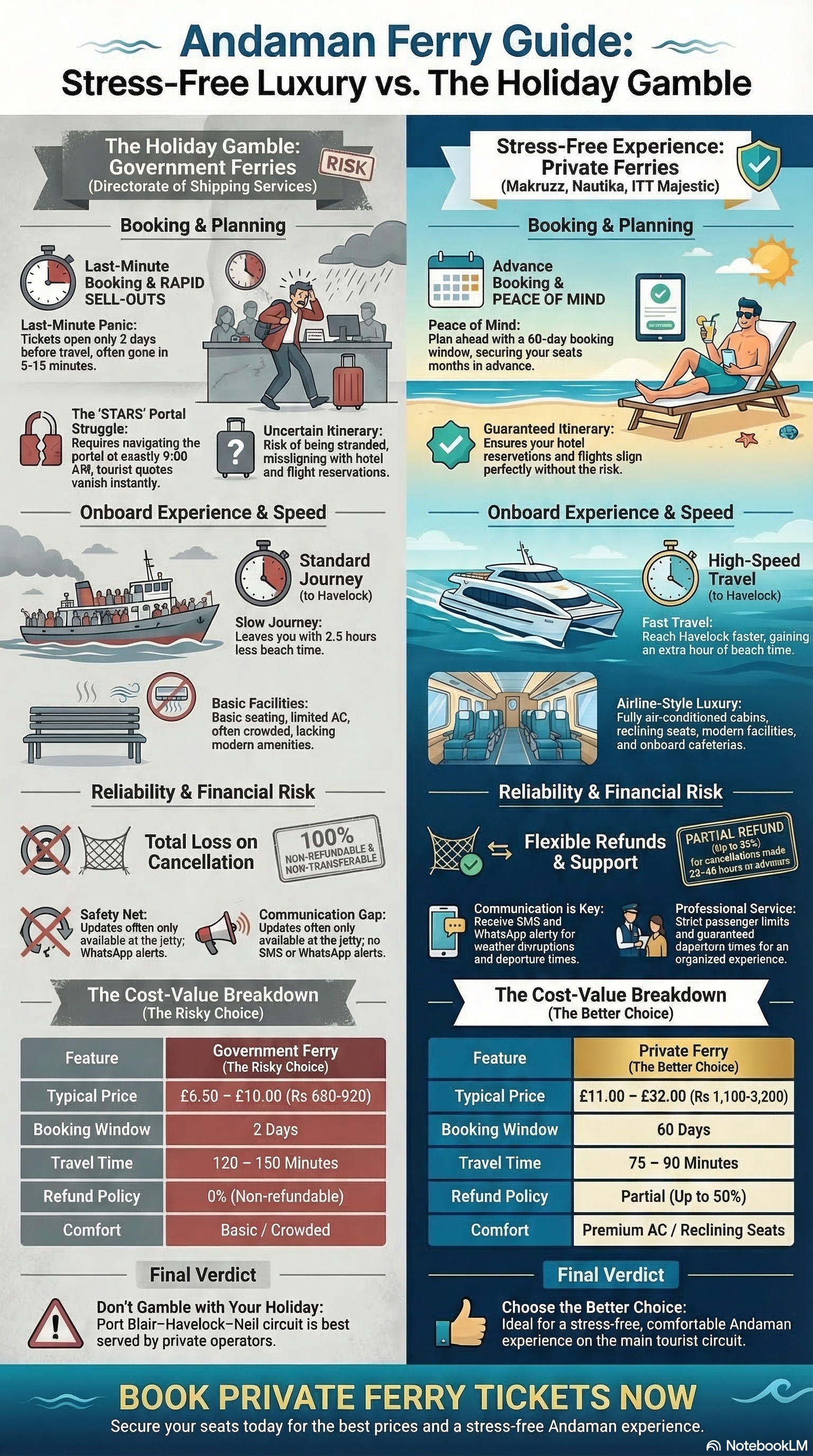 Andaman Ferry Guide 2026 – Government ferry gamble vs private ferry stress-free luxury with full cost-value comparison Government vs private ferry Andaman infographic comparing booking, onboard experience, speed, reliability, refund policy, and cost-value breakdown