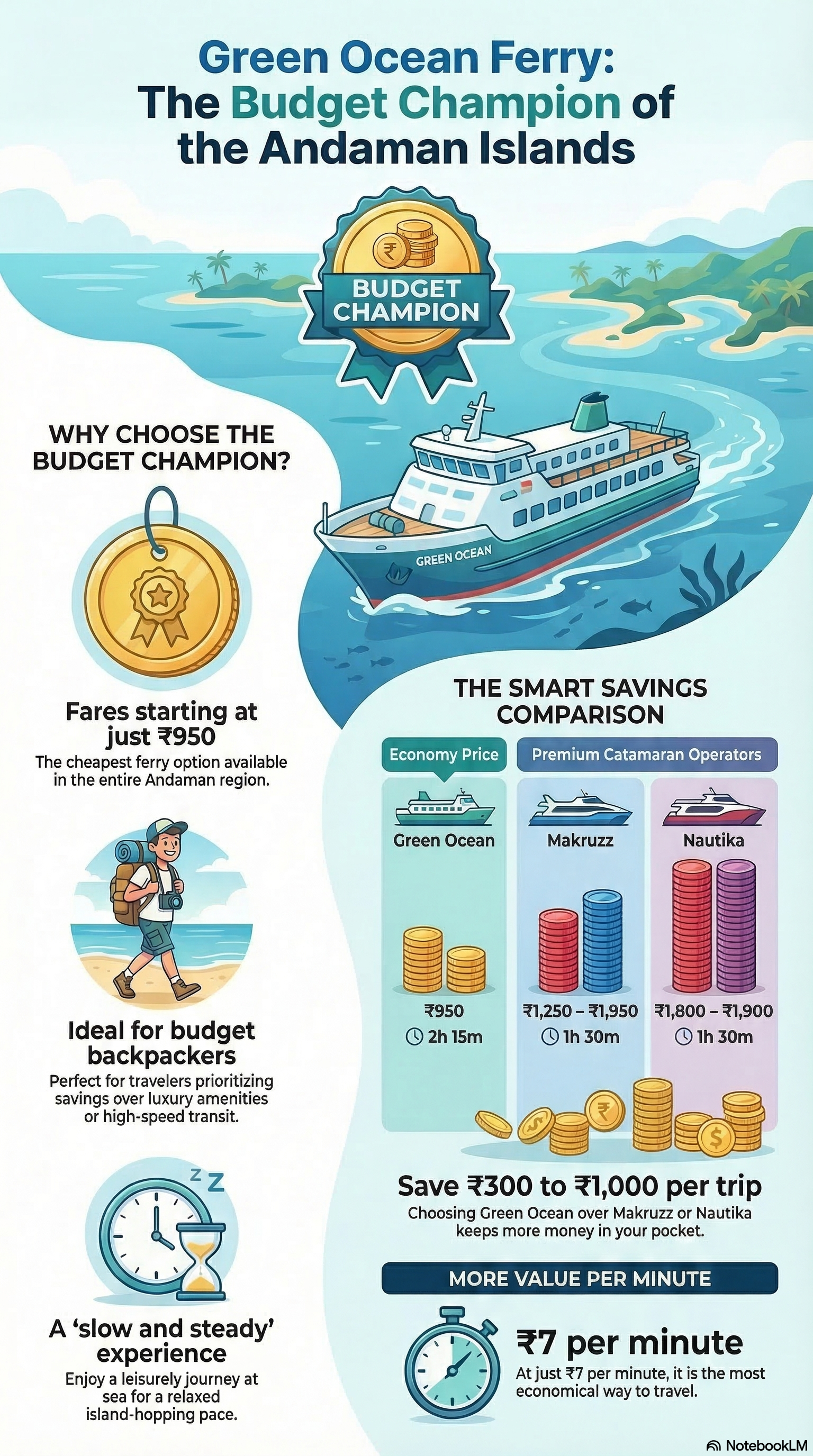 Green Ocean Ferry 2026 – the budget champion of the Andaman Islands with fares, savings comparison, and travel tips Green Ocean Ferry budget champion infographic showing fares from Rs 950, savings comparison vs Makruzz and Nautika, and value per minute breakdown