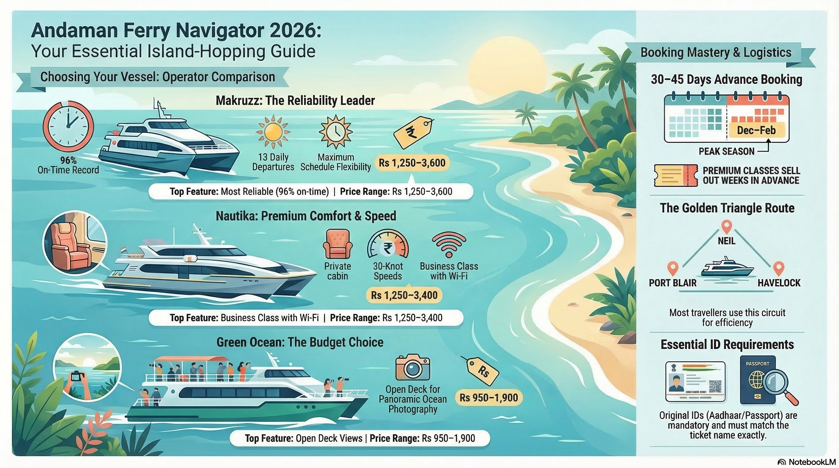 Andaman Ferry Navigator 2026 – operator comparison, Golden Triangle route, booking logistics, and essential travel tips Andaman Ferry Navigator 2026 infographic comparing Makruzz Nautika and Green Ocean operators with Golden Triangle route map, booking tips, and ID requirements