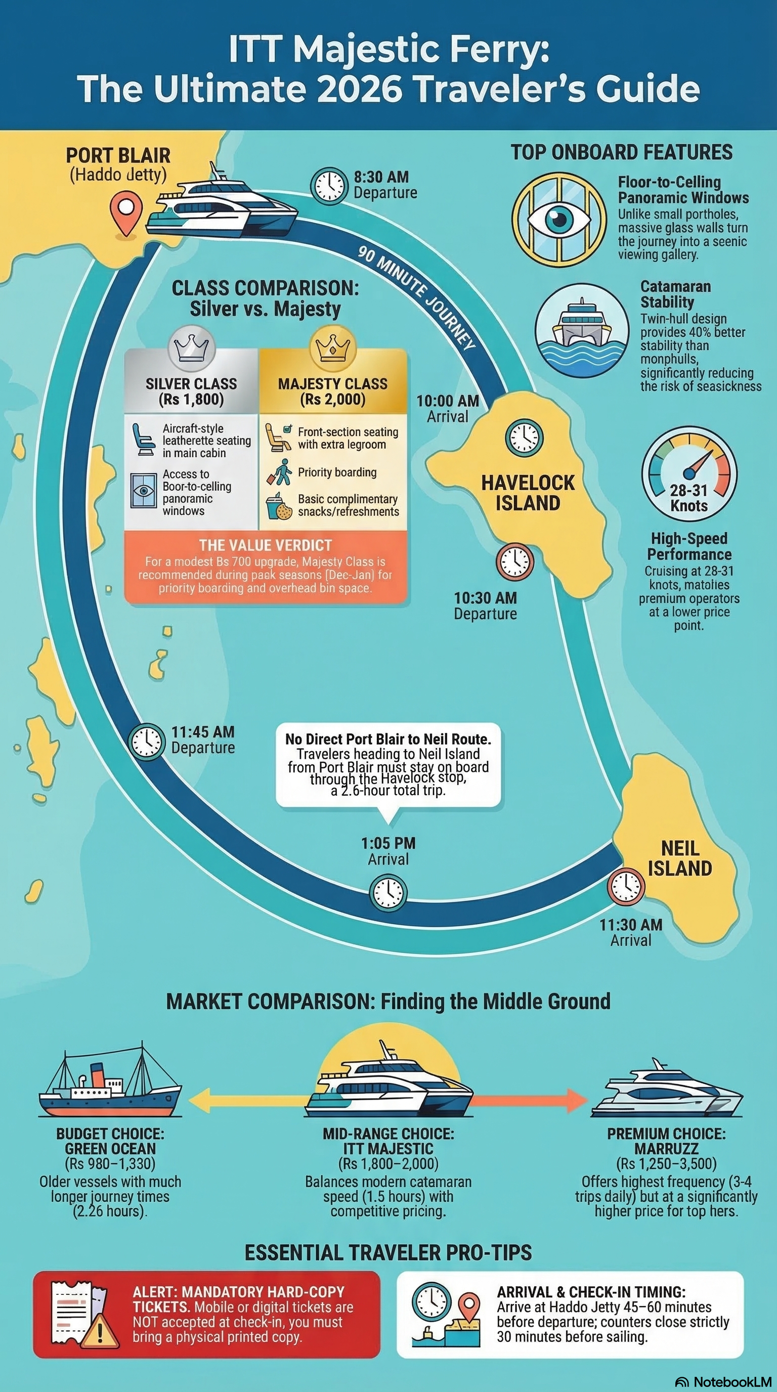 ITT Majestic Ferry 2026 – route schedule, class comparison, market positioning, and essential traveler tips ITT Majestic Ferry 2026 traveler guide infographic showing route map, Silver vs Majesty class comparison, onboard features, market positioning, and essential pro tips