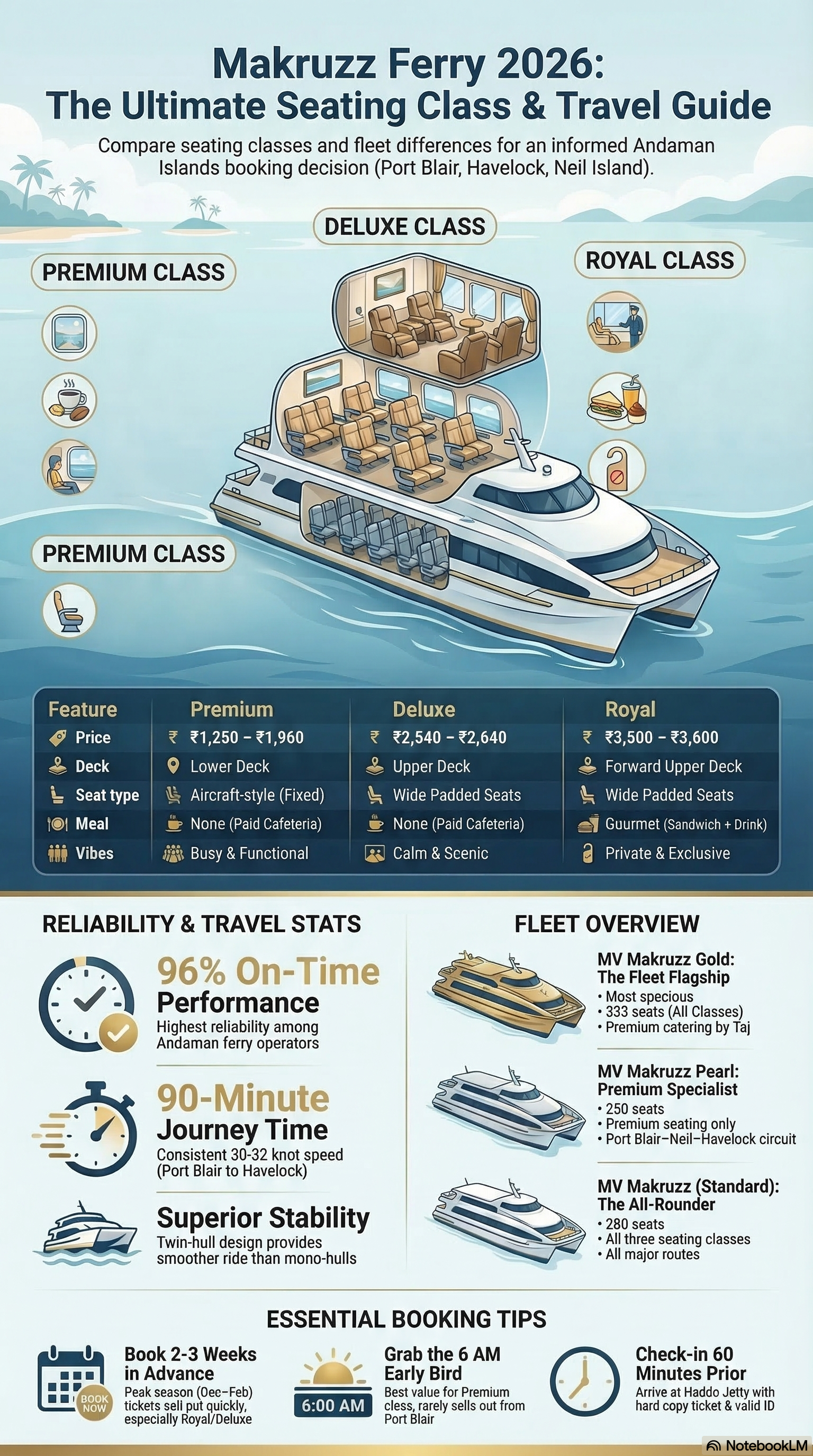 Makruzz Ferry 2026 – compare Premium, Deluxe & Royal classes, fleet vessels, and essential booking tips Makruzz Ferry 2026 seating class and travel guide infographic comparing Premium Deluxe and Royal classes with fleet overview and booking tips