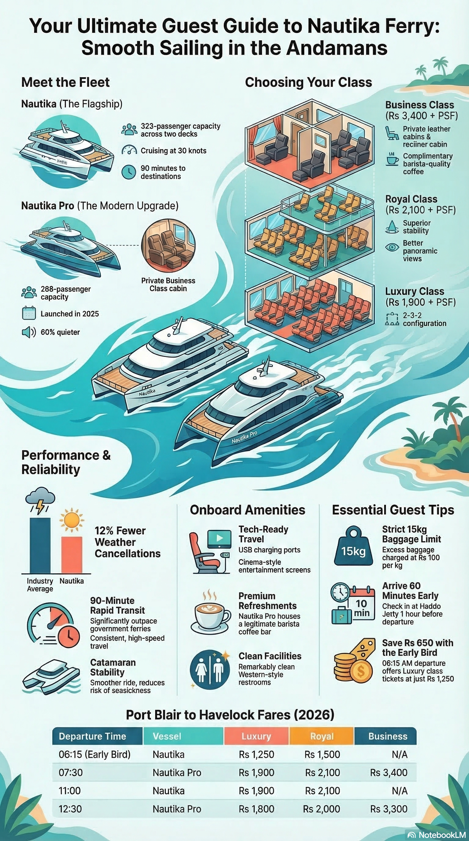 Nautika Ferry 2026 – fleet overview, class comparison, amenities, fares, and essential guest tips Nautika Ferry guest guide infographic covering fleet comparison, seating classes, performance stats, onboard amenities, and Port Blair to Havelock fares 2026