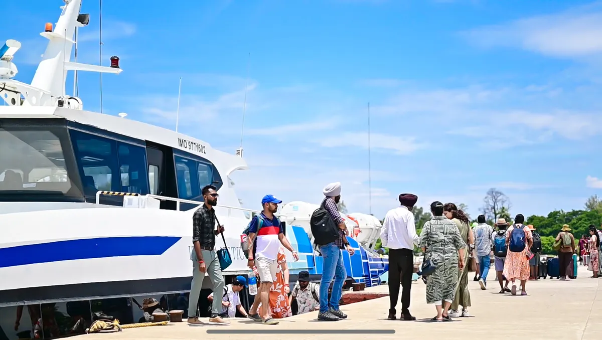 ITT Majestic passengers arriving at Havelock Island — 90-minute journey from Port Blair ITT Majestic passengers deboarding at Havelock Island