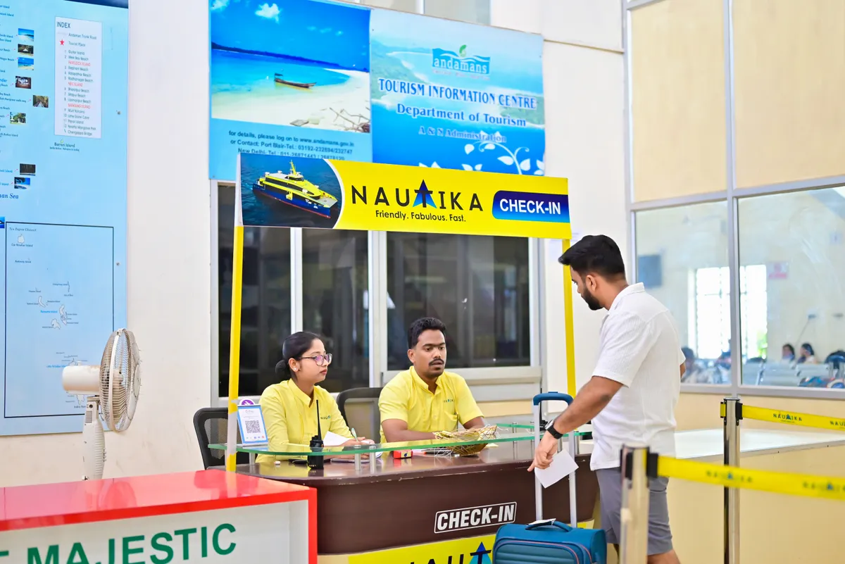 Nautika check-in counter — arrive 60 minutes early with printed tickets and valid ID Nautika ferry check-in counter at Port Blair