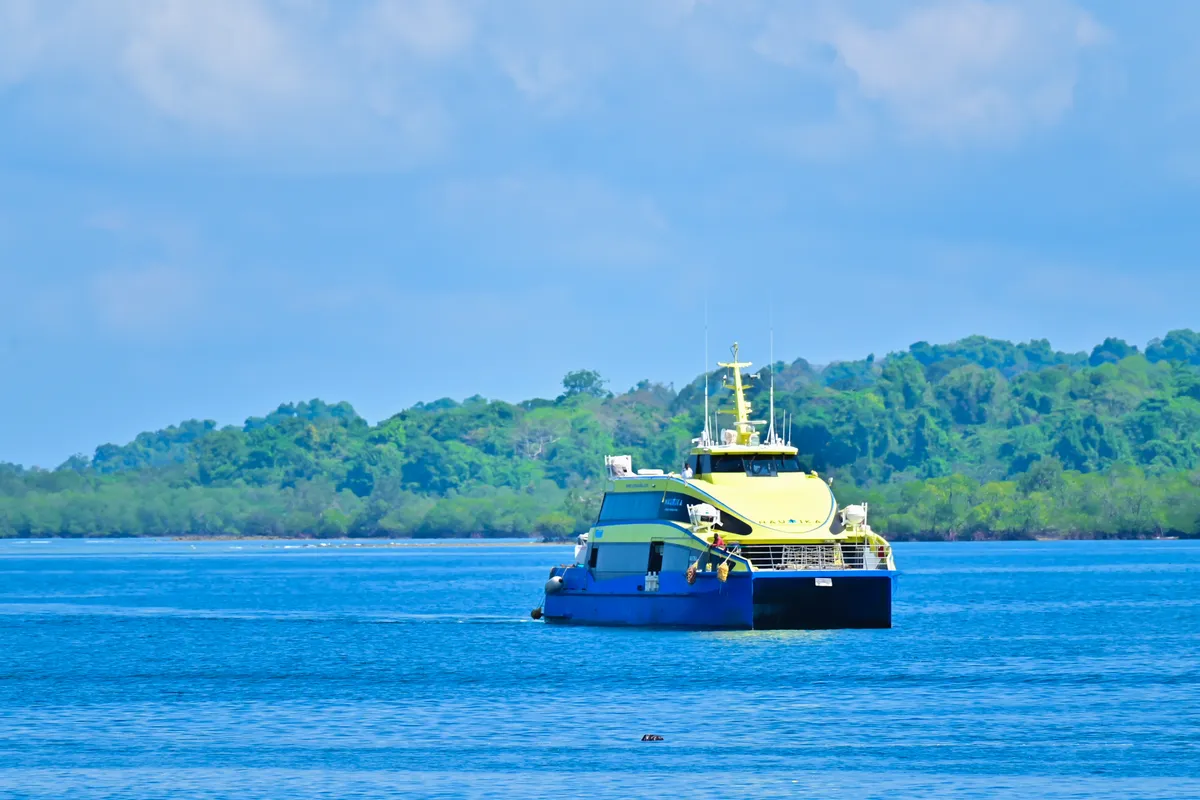 Nautika ferry — modern catamaran serving Andaman's most popular island routes Nautika ferry catamaran at Port Blair Andaman Islands